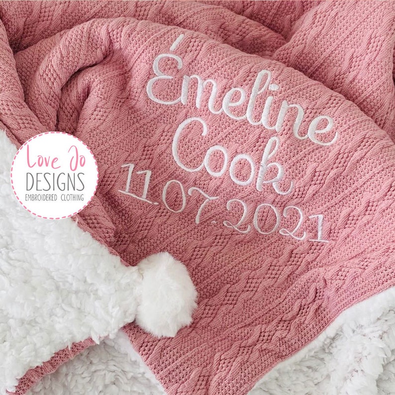 EMBROIDERED CABLE KNIT Dusty Pink Blanket - Personalised baby blanket - Boys/Girls Baby Gift 