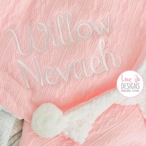 EMBROIDERED CABLE KNIT Baby Pink Blanket Personalised baby blanket Girls Baby Gift image 1