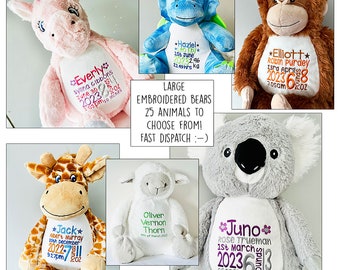 Large Personalised teddy bears, embroidered bears, personalised baby gift, christening or new baby gift, birth stats, any text embroidered