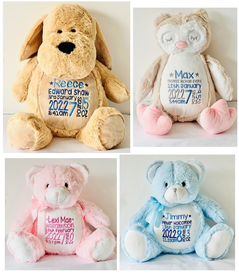 Large Personalised teddy bears, embroidered bears, personalised baby gift, christening or new baby gift, birth stats, any text embroidered image 6