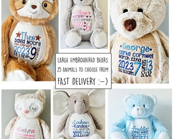 Large Personalised teddy bears, embroidered bears, personalised baby gift, christening or new baby gift, birth stats, any text embroidered