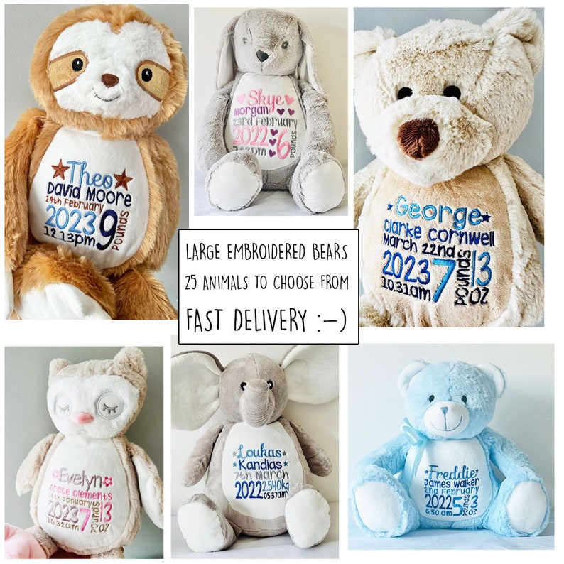 Large Personalised teddy bears, embroidered bears, personalised baby gift, christening or new baby gift, birth stats, any text embroidered image 2