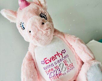 Pink Personalised Unicorn  - Embroidered Teddy Bear Gift - New Baby Gift Present