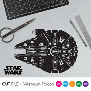 May include: Black and white silhouette of the Millennium Falcon spaceship from Star Wars. The text "STAR WARS" is below the spaceship. The image is on a gray background.