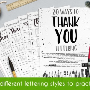 20 Brush-Lettering Möglichkeiten, DANKE zu schreiben, mit einem druckbaren Arbeitsblatt im modernen Kalligrafie-Stil.