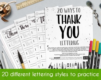 20 brush lettering ways to write THANK YOU, with a printable worksheet in a modern calligraphy style.