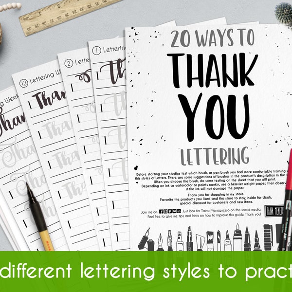 20 brush lettering ways to write THANK YOU, with a printable worksheet in a modern calligraphy style.