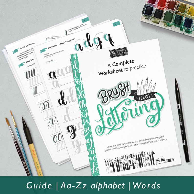 Learn brush lettering with a complete practice guide, instructions, step by step and extra bonus. Printable worksheets Style I Bouncing image 1