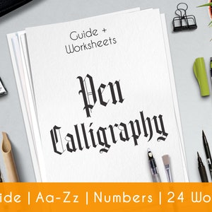 Caligrafia Gotica  - 33 páginas para aprender com guia de instrução. Iniciantes. Ponta de Pena quadrada (flat pen) | P4