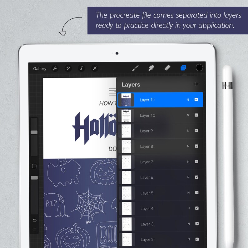 How to draw doodles, Halloween theme, printable worksheet, Procreate file for iPad, bullet journal, planners, cards and more image 4