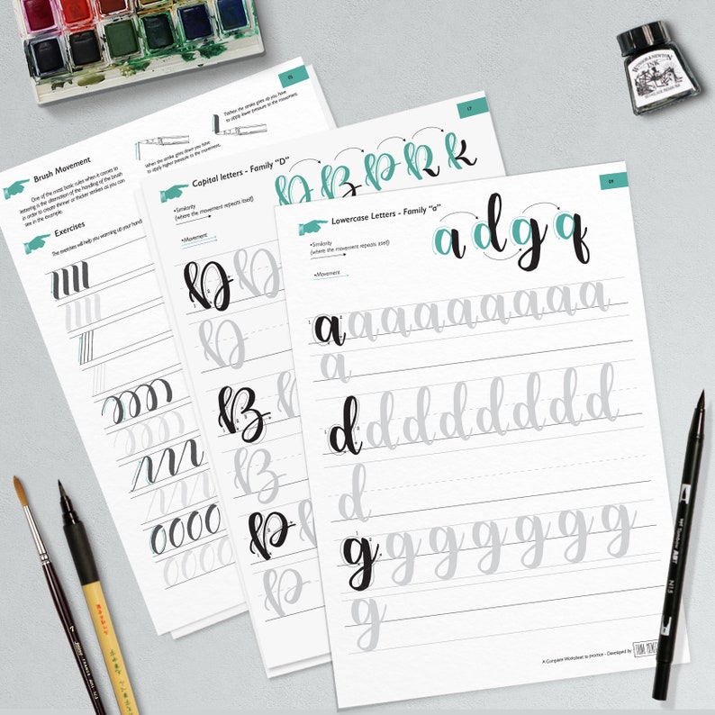 Learn brush lettering with a complete practice guide, instructions, step by step and extra bonus. Printable worksheets Style I Bouncing image 5