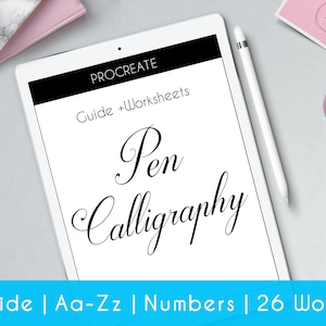iPad Pen Kalligraphie Arbeitsblätter für Anfänger, eine komplette Anleitung Aa-Zz Alphabet, Zahlen und 26 Wörter | Stil P4