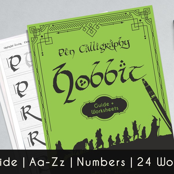Hobbit kalligrafie afdrukbare werkbladen, een complete gids Aa-Zz, cijfers en 24 woorden van Lord Of The Rings-thema.