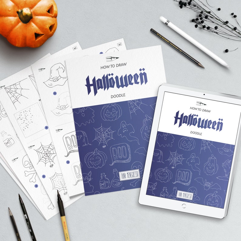 How to draw doodles, Halloween theme, printable worksheet, Procreate file for iPad, bullet journal, planners, cards and more image 1