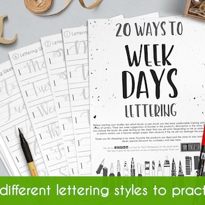 20 brush lettering ways to write WEEKDAYS, with a printable worksheet in a modern calligraphy style.