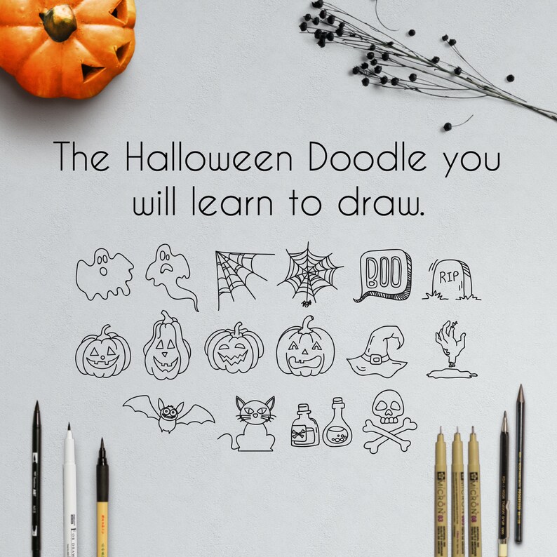 How to draw doodles, Halloween theme, printable worksheet, Procreate file for iPad, bullet journal, planners, cards and more image 2