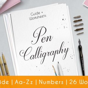 Pen Calligraphy printable worksheets for beginners, a complete guide Aa-Zz alphabet, numbers and 26 words | Style P2