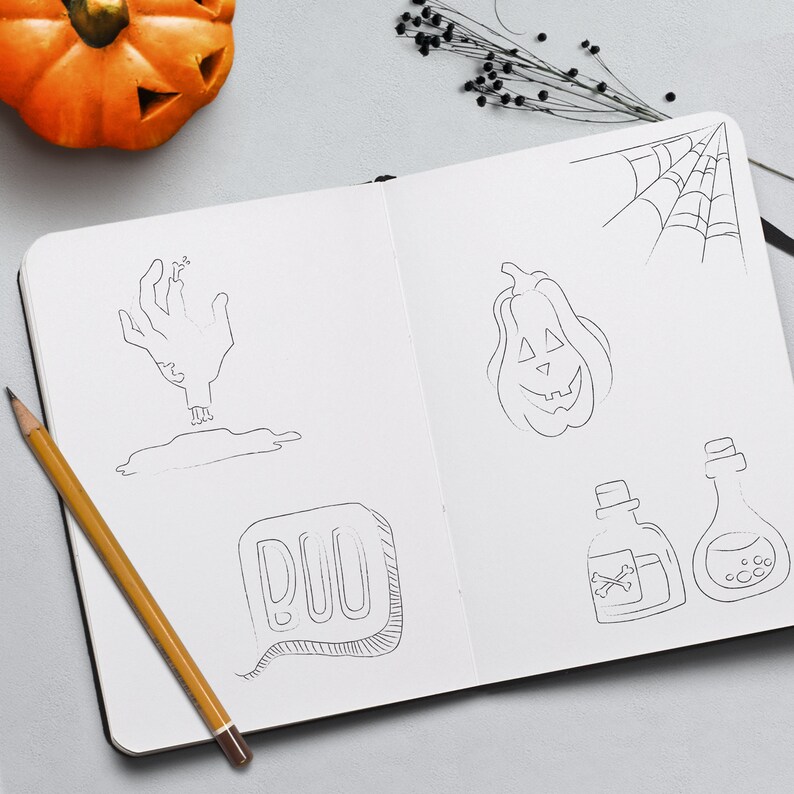How to draw doodles, Halloween theme, printable worksheet, Procreate file for iPad, bullet journal, planners, cards and more image 10