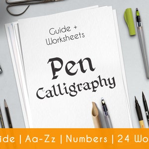 Pen Calligraphy printable worksheets, a complete guide Aa-Zz alphabet, numbers and 26 words | Style P5