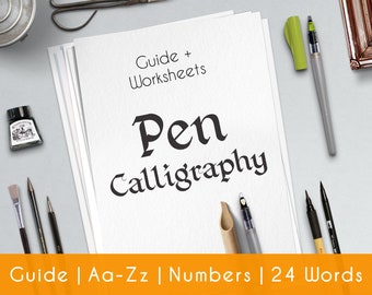 Pen Calligraphy printable worksheets, a complete guide Aa-Zz alphabet, numbers and 26 words | Style P5
