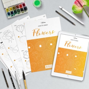 Dessinez des fleurs avec des instructions et des feuilles de travail étape par étape, des fichiers à imprimer et un iPad.