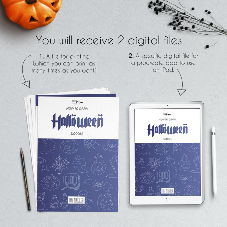 How to draw doodles, Halloween theme, printable worksheet, Procreate file for iPad, bullet journal, planners, cards and more image 3