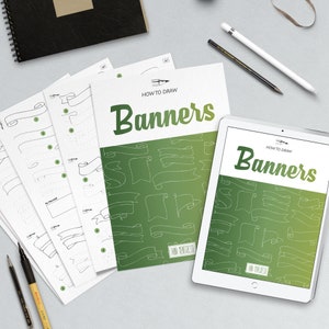 Teken banners met een instructie en stapsgewijze werkbladen, bestanden om af te drukken en iPad.
