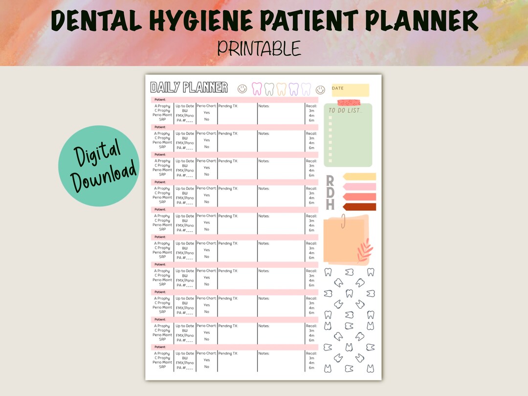 Printable Dental Hygiene Daily Patient Planner RDH Etsy