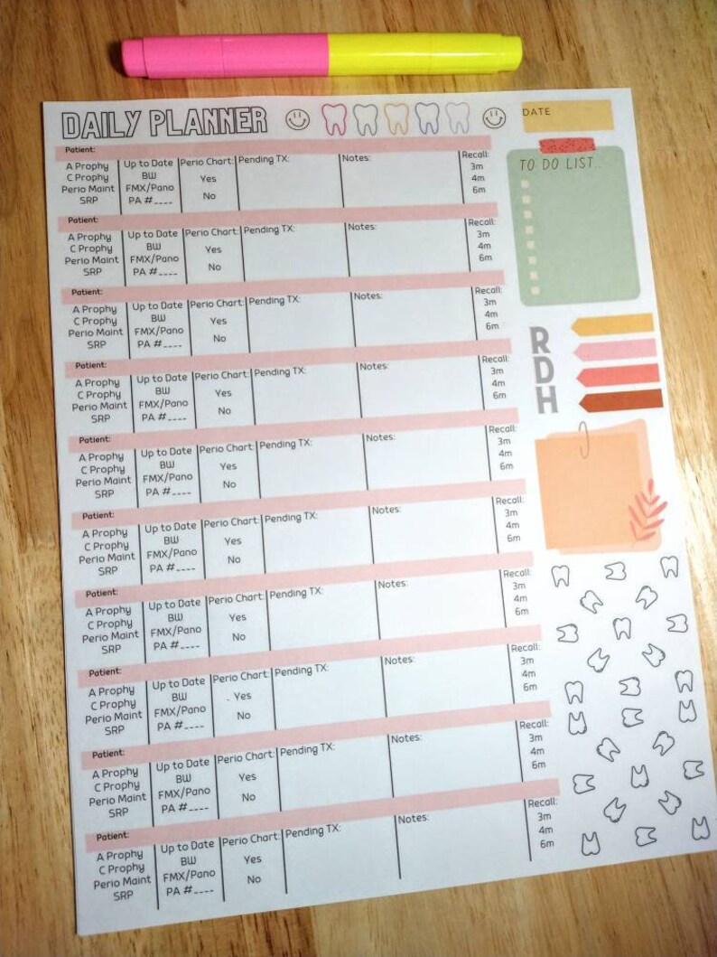 Printable Dental Hygiene Daily Patient Planner RDH Etsy