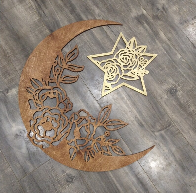 Download Large floral crescent moon wood wall decor moon flowers | Etsy