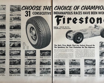 Firestone Tires 1954 Two Page Print Ad 61454 Vintage Indy Race Car Champions