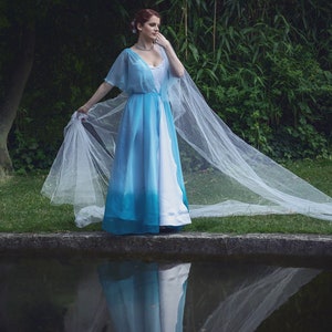 Fantasy inspired flowy blue ombre chiffon dress with batwing sleeves and secret hidden split, white satin base, corset back, A-line