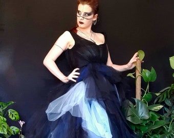 Black and blue tulle Ballgown with train and corset back, alternative wedding dress, dark wedding dress, full prom dress, bridal wear