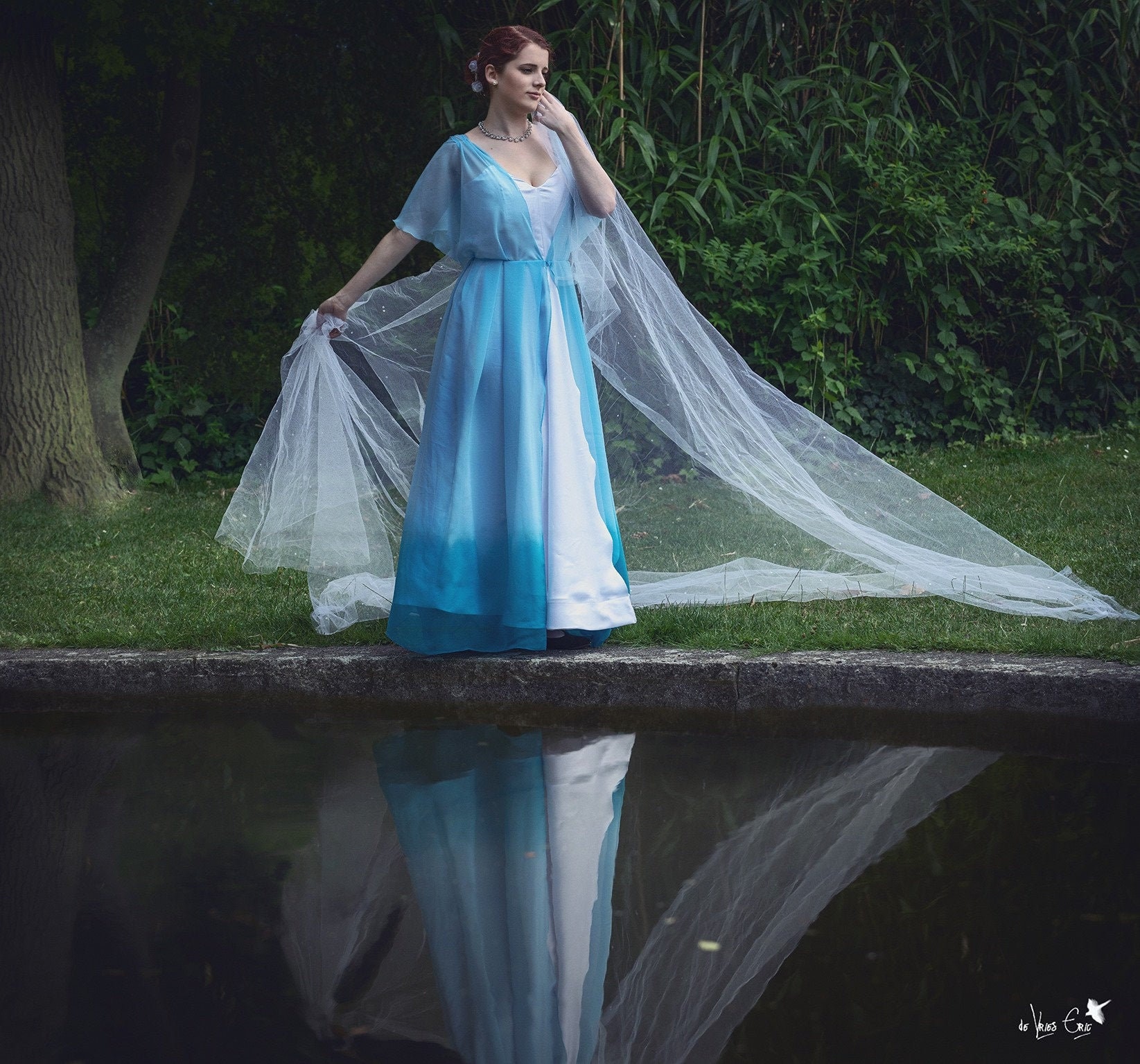 Fantasy Inspired Flowy Blue Ombre Chiffon Dress With Batwing Sleeves and  Secret Hidden Slit, White Satin Base, Corset Back, A-line - Etsy UK