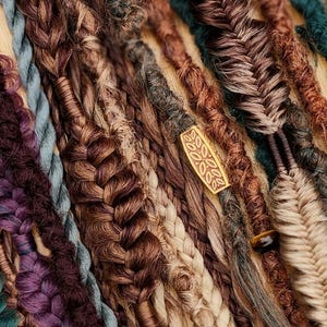 Autumn Earthy Dreads and Braids Hair Extensions accent set. Brown, copper- orange, auburn, plum, forest green, sage, natural colors
