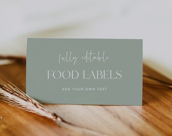 Sage Green Food Labels Template, Minimalist Baby Shower Food Labels, Food Tent Cards, Food Tags, Folded Food Cards, Modern Food Labels