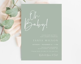 Sage Green Baby Shower Invitation Template, Oh Baby Minimalist Baby Shower Invite, Gender Neutral Shower, Editable Invitation