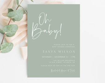 Sage Green Baby Shower Invitation Template, Oh Baby Minimalist Baby Shower Invite, Gender Neutral Shower, Editable Invitation