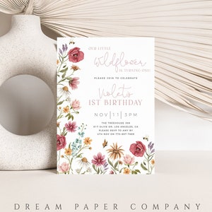Wildflower 1st Birthday Invitation Template, Baby Girl 1st Birthday Invite, Editable Birthday Invitation Printable, Wildflowers Birthday