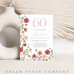 Floral 60th Birthday Invitation Template, Spring Birthday Invite, Female Birthday, Wildflower Birthday Invitation, Garden Party Invitation