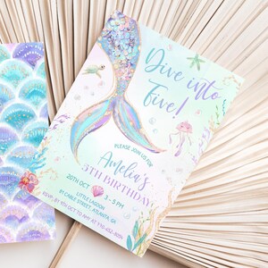 Dive into Five Mermaid Birthday Invitation, Under The Sea Birthday Invite, 5th Mermaid Birthday, Little Mermaid Invite, Purple Tail Mermaid