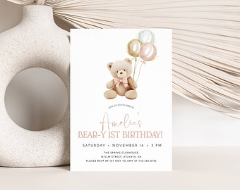 Teddy Bear 1st Birthday Invitation Template, Girl 1st Birthday Invite, Editable ANY AGE Birthday Invite, Pink Bear With Balloons Invite