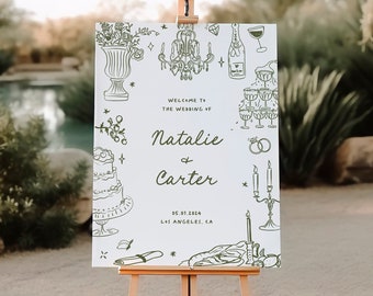 May include: A white wedding welcome sign with green illustrations of a cake, champagne, candles, and other wedding-related items. The sign reads "Welcome to the wedding of Natalie & Carter 05.01.2014 Los Angeles, CA".
