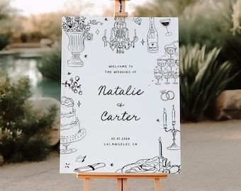 Hand Drawn Welcome Sign, Fun Whimsical Wedding Welcome Template, Trendy Welcome Sign, Doodle Wedding Sign Printable, Quirky Illustrations