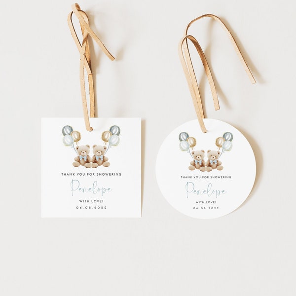 Twins Favor Tag Template, Teddy Bears Baby Shower Favor Tag, Twin Boys Gift Tag Template, Boy Baby Shower Favour Tag, Editable Gift Tag A101