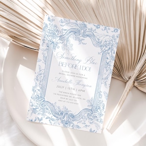 Vintage Blue Toile Bridal Shower Invitation Template, Elegant Chinoiserie Bridal Invite, Something Blue Before I Do, Dusty Blue Bridal