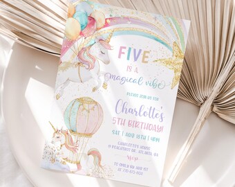 Plantilla de invitación de cumpleaños de unicornio, invitación para el quinto cumpleaños de unicornio, invitación mágica de unicornio pastel, invitación para el quinto cumpleaños de niña, editable