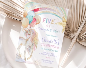 Plantilla editable de invitación de cumpleaños de unicornio, invitación para el quinto cumpleaños de unicornio, invitación de unicornio mágico, invitación para el quinto cumpleaños de niña pastel