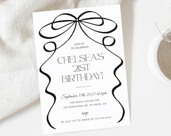 Plantilla de invitación para 21 cumpleaños con lazo negro, invitación para 21 cumpleaños con coqueta negra, lazo dibujado a mano, plantilla editable, invitación elegante