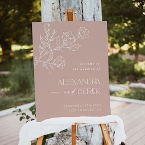 Stoffig roze welkomstbord, moderne Blush bruiloft welkomstsjabloon, minimalistisch bruiloftsteken afdrukbaar, botanisch bloemenwelkomstbord, ROSE